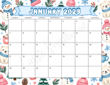 A printable January 2029 calendar page with a winter-themed border featuring cartoon snowman, polar bears, pine trees, snowflakes, and colorful hats. The center shows a 7-day grid for the month with blank boxes for each day. blank cute 2029 monthly calendar printable pdf