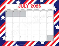 July 2026 calendar with holidays cute printable pdf, full page 2026 monthly calendar landscape to print