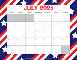July 2026 calendar with holidays cute printable pdf, full page 2026 monthly calendar landscape to print
