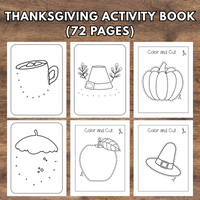 Thanksgiving activity book with black and white line drawings on a wooden background