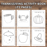 Thanksgiving activity book with black and white line drawings on a wooden background