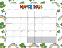 cute March 2026 calendar with holidays printable pdf, school 2026 wall calendar landscape for teachers