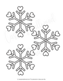 Three snowflake shapes with heart centers on a white background