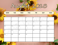 pretty August 2028 calendar printable pdf, 2028 wall calendar with holidays printable cute