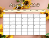 pretty August 2028 calendar printable pdf, 2028 wall calendar with holidays printable cute