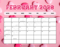 printable 2028 calendar February Monday start cute colorfult