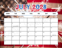 Colorful July 2028 calendar printable pdf, cute 2028 monthly calendar with holidays Monday start