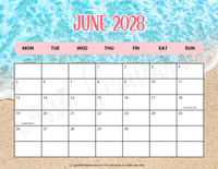 Monday start June 2028 calendar printable pdf landscape horizontal orientation