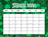Printable March 2028 calendar pdf, cute 2028 printable wall calendar school