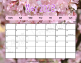 aesthetic May 2028 printable calendar with holidays Monday start