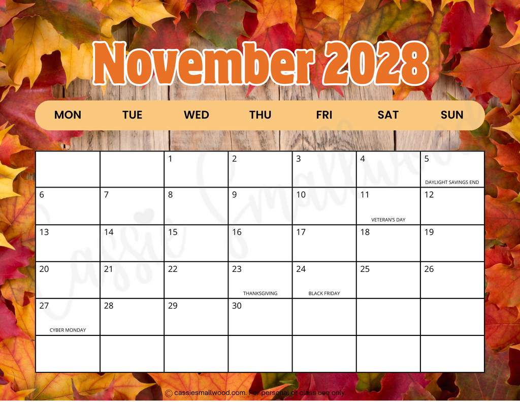 Printable 2028 Monthly Calendar With Holidays (Monday Start) – Cassie