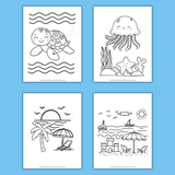 Ocean coloring sheets printable pdf, beach coloring pages, underwater coloring sheets, sea turtle coloring page, jellyfish coloring page, starfish coloring page beach sunset coloring page