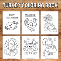 printable turkey coloring book pages on a wood background