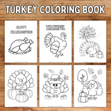 printable turkey coloring book pages on a wood background