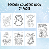 Penguin coloring book with various designs on a light blue background
