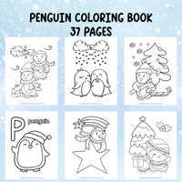 Penguin coloring book with six pages of coloring sheets on a blue background.