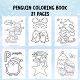 Penguin coloring book with six pages of coloring sheets on a blue background.