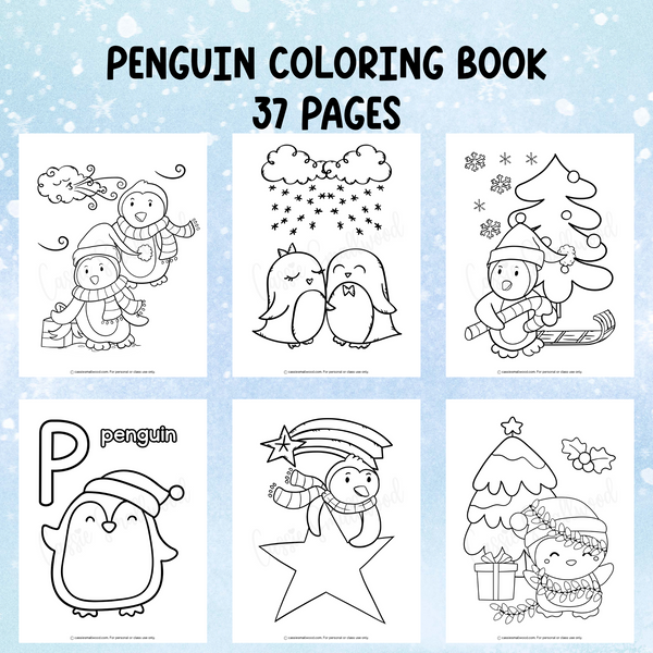 Penguin coloring book with six pages of coloring sheets on a blue background.