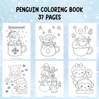 Penguin coloring book pages on a blue snowy background with text indicating 37 pages.