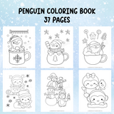 Penguin coloring book pages on a blue snowy background with text indicating 37 pages.