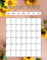 Vertical August 2028 calendar with holidays printable pdf
