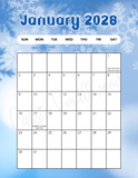 vertical January 2028 calendar with holidays printable pdf
