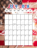 Portrait July 2028 calendar with holidays printable pdf colorful fun
