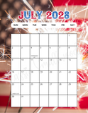 Portrait July 2028 calendar with holidays printable pdf colorful fun