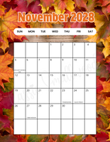 Vertical November 2028 calendar with holidays printable pdf colorful Sunday start portrait