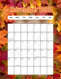 Vertical November 2028 calendar with holidays printable pdf colorful Sunday start portrait