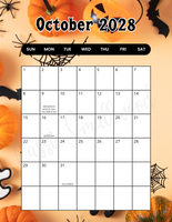 Portrait October 2028 calendar with holidays printable pdf cute fun school
