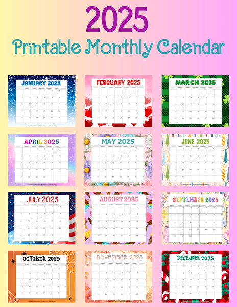Cute Printable 2025 monthly calendar, 2025 wall calendar to print out