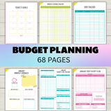Cute printable budget planner pdf, monthly budget planner template, household budget tracker printable, personal budget planner worksheets, cute home money budgeting downloadable expense tracker, debt tracker, savings planner