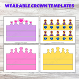 printable crown headband templates pdf, color crown stencils, yellow crown template, pink crown template, purple crown template, heart crown template, decorated crown pattern for kids