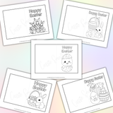 Printable Easter card coloring pages pdf, Easter bunny card to color, Easter eggs card coloring page, Easter chick Easter coloring card