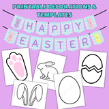printable Easter decorations pdf, printable Easter banners, printable Easter craft templates, printable bunny templates, printable egg templates, printable bunny feet templates, printable bunny ear templates