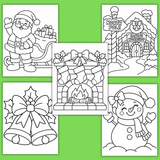 Printable easy Christmas coloring book pdf, simple Christmas coloring pages for kids, easy Christmas coloring pages for kids  preschool toddlers kindergarten, easy Santa Claus and sleigh coloring page, easy North Pole coloring page, easy Santa's workshop coloring page, easy Christmas fireplace coloring page, easy Christmas bells coloring page, easy girl snowman coloring page