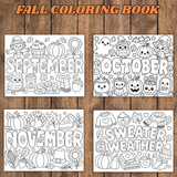 printable fall coloring book for kids pdf, September coloring page, October coloring page, November coloring page, sweater weather fall coloring page, cozy fall coloring pages, cute fall coloring pages for kids