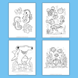 printable ocean coloring book pdf, cute under the sea coloring pages, ocean animals coloring sheets, sea creatures coloring pages for kids, seahorse coloring page, hammerhead shark coloring page, tropical fish coloring page, coral reef coloring page