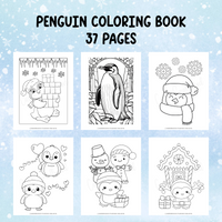 Penguin coloring book with six pages on a light blue background with snowflake patterns.