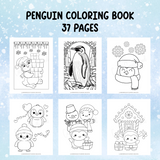 Penguin coloring book with six pages on a light blue background with snowflake patterns.