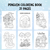 Penguin coloring book with six pages displayed on a light blue background.