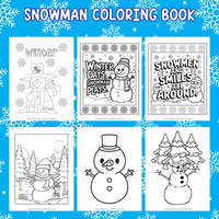 Printable Snowman coloring book with six snowman coloring pages on a blue background with snowflakes.
