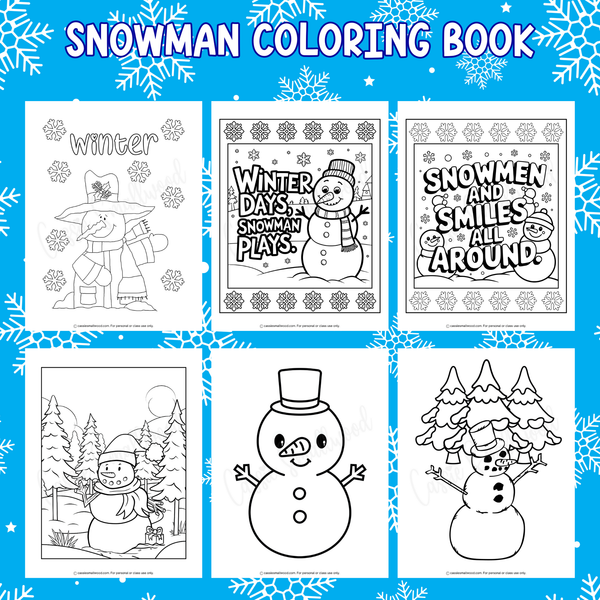 Printable Snowman coloring book with six snowman coloring pages on a blue background with snowflakes.