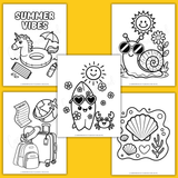 printable summer coloring book, pool float coloring pages, snail coloring page, travel coloring page, surfboard coloring page, crab coloring page, seashell coloring page