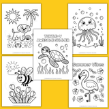 cute printable summer coloring pages for kids free printable pdf, beach coloring pages, bee coloring page, sea turtle coloring page, jellyfish coloring page, flamingo coloring page
