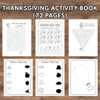 Thanksgiving activity book with various pages on a wooden surface