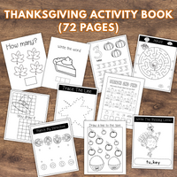 Collection of Thanksgiving-themed activity pages on a wooden surface
