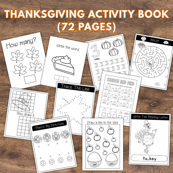 Collection of Thanksgiving-themed activity pages on a wooden surface