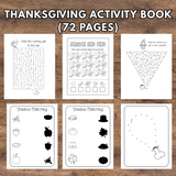 Thanksgiving activity book with various pages on a wooden surface